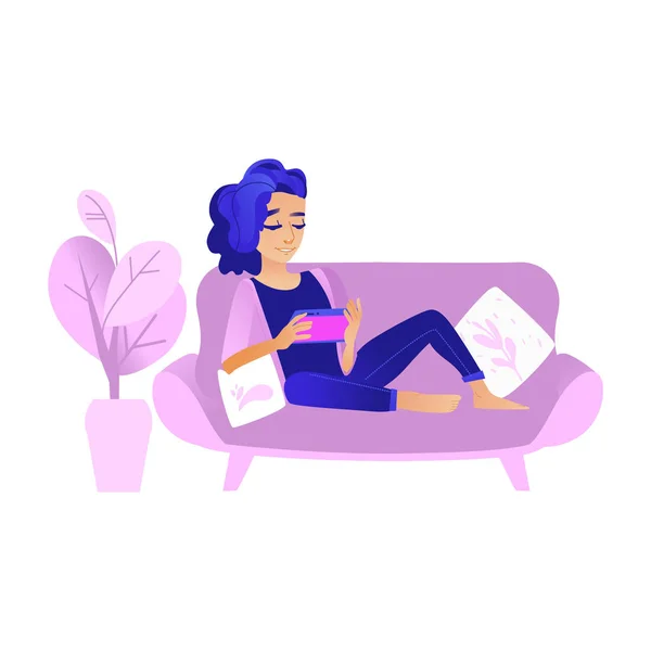 Woman reading online information or chatting on tablet sitting on sofa at home isolated on white background. — Stock Vector