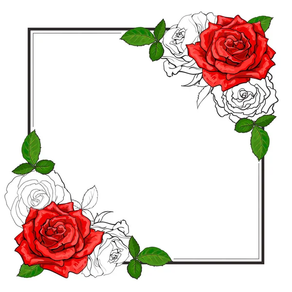 Ramo de Rosas elementos en estilo boceto en esquinas de forma cuadrada con espacio para copiar . — Archivo Imágenes Vectoriales