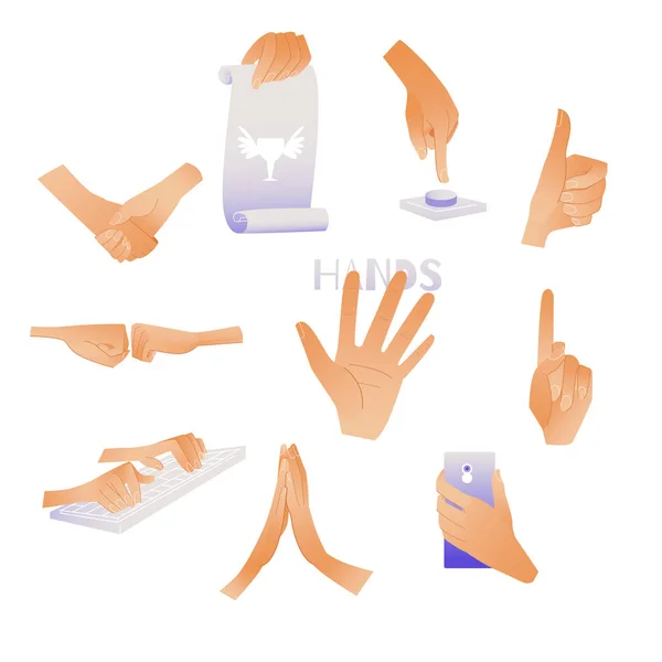 Набор человеческих рук и жестов - коллекция мужских или женских запястий с многочисленными признаками . — стоковый вектор