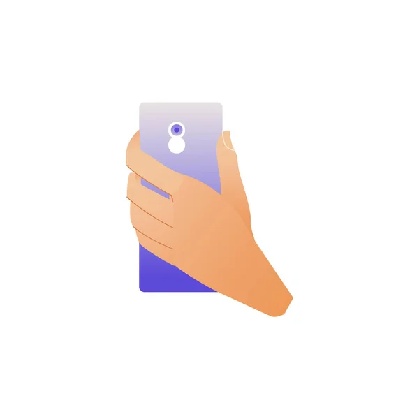 Hand met smartphone met camera op achterkant geïsoleerd op witte achtergrond. — Stockvector