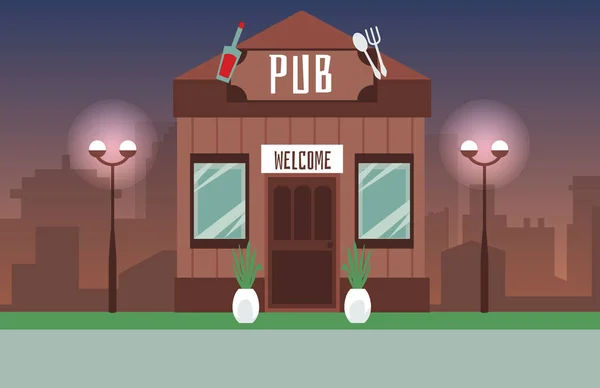 Oude stijl pub op nacht moderne stadsgezicht achtergrond, platte vector illustratie. — Stockvector