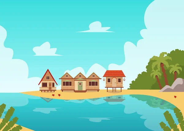 木造ビーチハウス小屋と熱帯島の海岸線の風景 — ストックベクタ