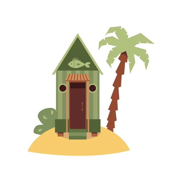 Pequeña cabaña de playa verde con letrero de pescado en una pequeña isla de arena con palmera . — Vector de stock