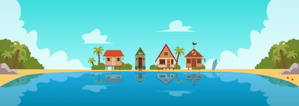 Resort de playa con casas de huéspedes o bungalows ilustración plana vector de dibujos animados . — Vector de stock