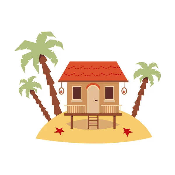 บ้านชายหาดที่น่ารักแปลกใหม่ยืนอยู่บนเกาะทรายที่มีต้นปาล์ม — ภาพเวกเตอร์สต็อก