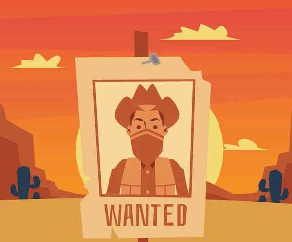 Se busca póster para vaquero de dibujos animados en el paisaje del atardecer desierto — Vector de stock