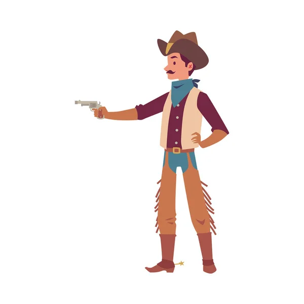 Hombre vaquero apuntando un arma - personaje de dibujos animados en traje occidental completo — Vector de stock