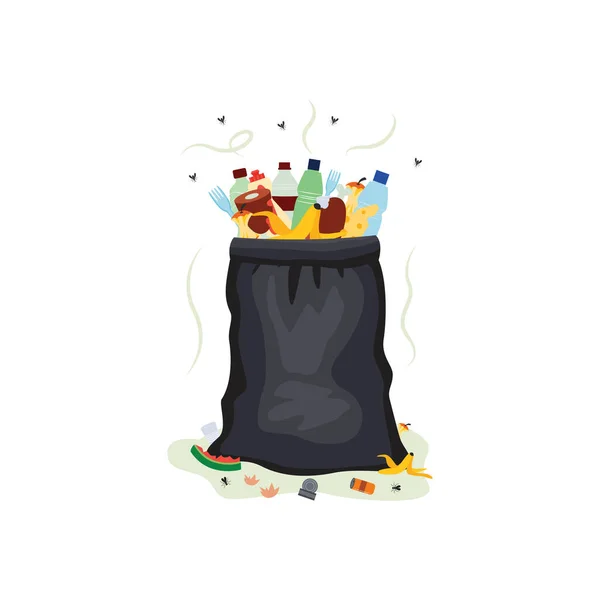 Zwarte plastic vuilniszak vol vuil afval - flessen, blikjes en stinkend voedsel — Stockvector