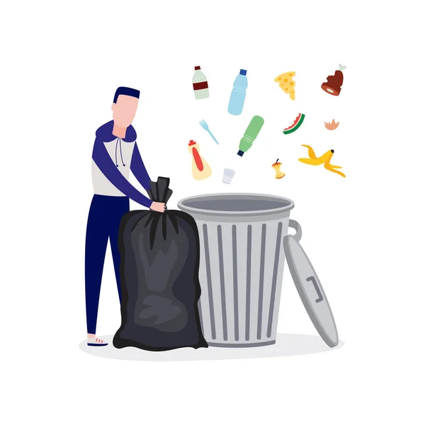 Homme de bande dessinée recyclage et tri des ordures debout à la poubelle avec explosion de déchets . — Image vectorielle