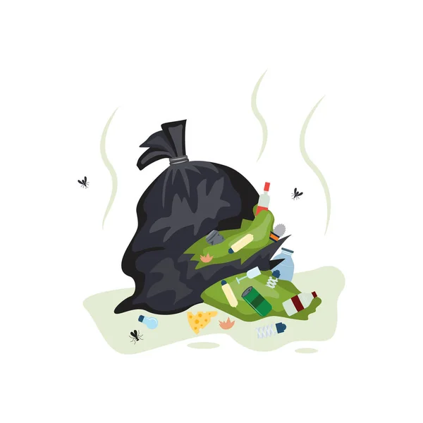 Sac poubelle noir plein déchiré ouvert et débordant d'ordures dégoûtantes — Image vectorielle