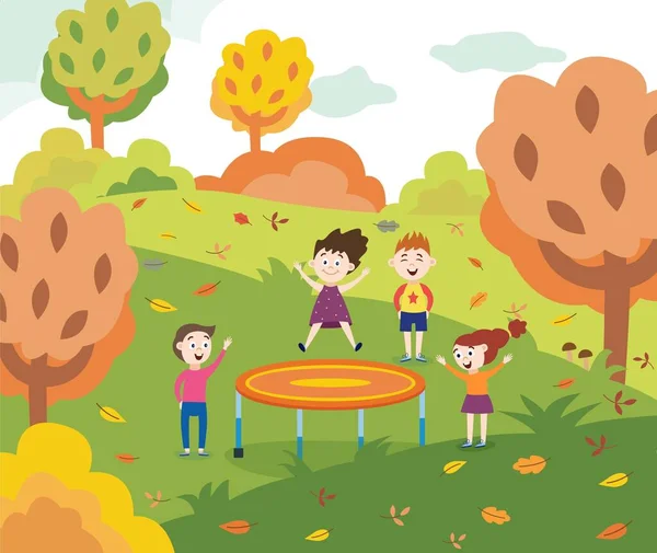 Bambini dei cartoni animati che saltano su un trampolino nel parco autunnale — Vettoriale Stock