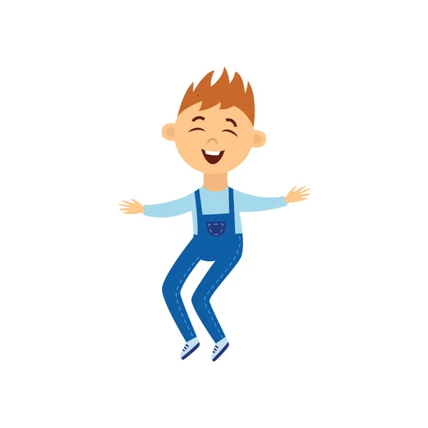 Kleiner Junge springt mit glücklichem Lächeln in die Luft - isolierte Zeichentrickfigur — Stockvektor