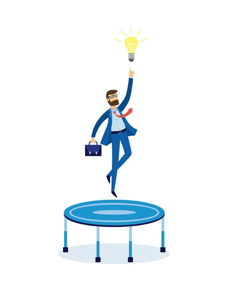 Cartoon businessman jumping on trampoline reaching for idea lightbulb — Stock Vector