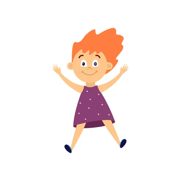 Roztomilé holčička skákání ve vzduchu - kreslené dítě se šťastnou tváří uprostřed skoku — Stockový vektor
