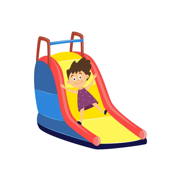 Kleines Mädchen geht Rutsche hinunter - glückliches Cartoon-Charakterkind auf Spielplatz-Attraktion. — Stockvektor
