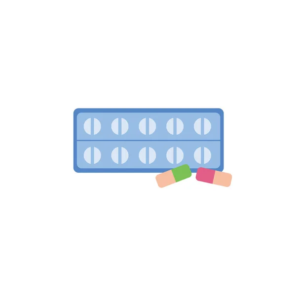 Blisters de comprimidos azuis e cápsulas soltas isoladas sobre fundo branco — Vetor de Stock