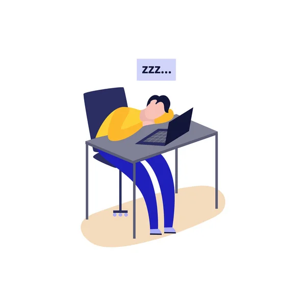 Dibujos animados hombre cansado durmiendo en el escritorio por ordenador portátil abierto - ilustración plana vectorial aislado — Vector de stock