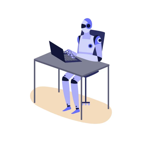 Dizüstü bilgisayarda çalışan insansı robot. Ofis masasında oturan mor sayborg. — Stok Vektör