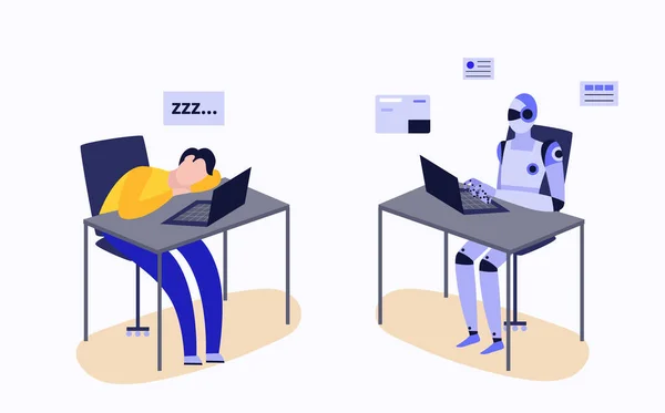 Human and robot working at laptop desk - tired man and efficient cyborg — Stock Vector