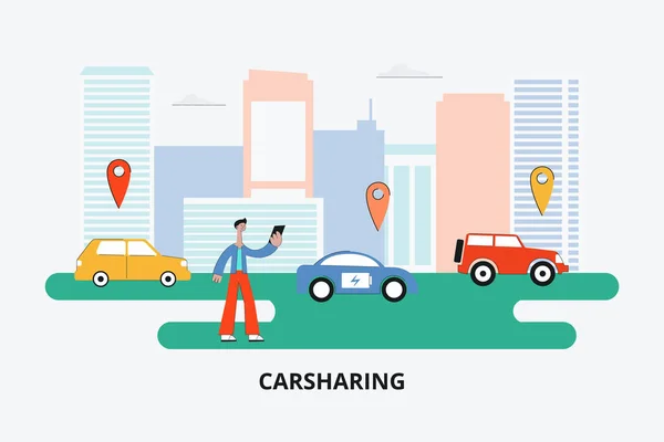 Carsharing banner - uomo dei cartoni animati che sceglie un passaggio sull'app di car sharing — Vettoriale Stock