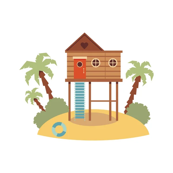 Elevated wooden beach house on piling stilts standing on sand hill island — Stock Illustration Elevated wooden beach house on piling stilts standing on sand hill island Royalty Free Stock Illustrations