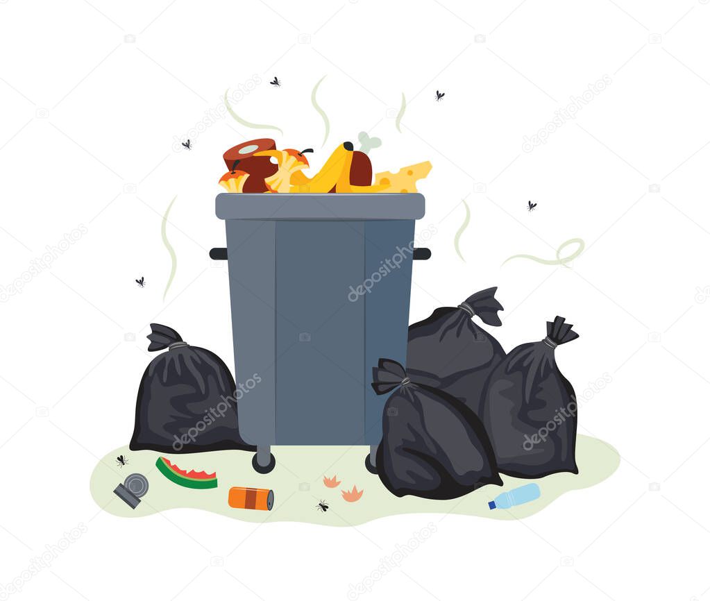 Full metal trash can overflowing with food waste - dirty garbage container