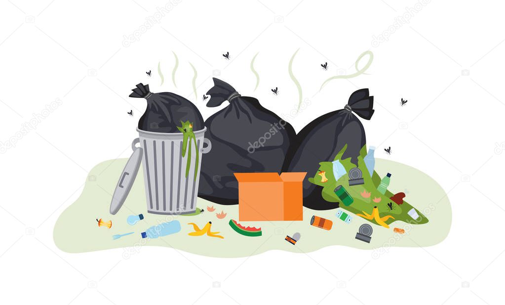 Dirty garbage pile overflowing with smelly food waste and plastic trash