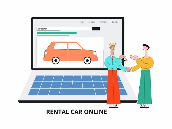 Сайт пошуку автомобілів - продавець мультфільмів дає ключі від автомобілів клієнту — стоковий вектор