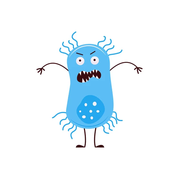 Monster bakteri kartun biru dengan wajah marah terisolasi di latar belakang putih - Stok Vektor