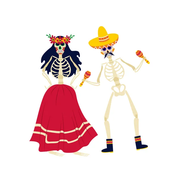 Esqueletos en trajes para Dia de los Muertos ilustración vectorial plana aislada . — Vector de stock