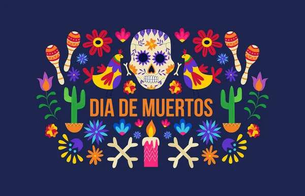 Black Dia de muertos holiday celebration banner with white sugar skull, — Stock Vector