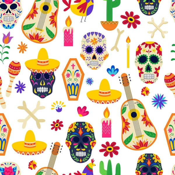 Seamless pattern for Day of the Dead with skulls and guitars, vector illustration. — Stock Vector