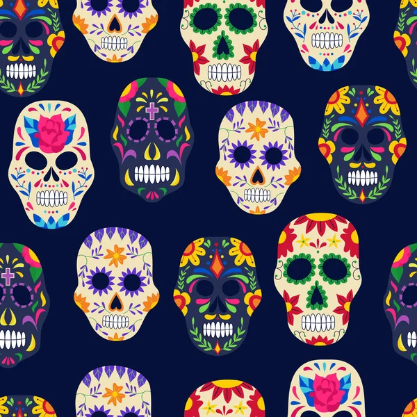 Dia de los muertos geschilderd suiker schedel naadloos patroon — Stockvector