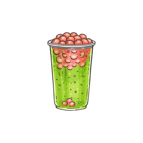 プラスチックカップに緑と赤の泡茶飲料、スイカの味夏の飲み物 — ストックベクタ