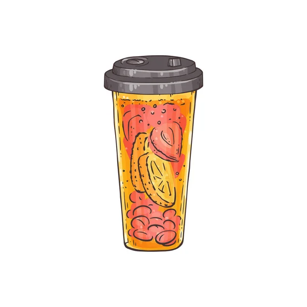 Bebida de coquetel de limão e pêssego em takeout fechado copo plástico —  Vetores de Stock