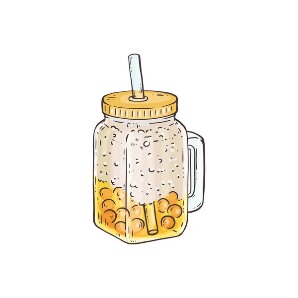 Žlutý bublinkový čaj s rozdrceným ledem ve sklenici - ručně kreslený letní nápoj — Stockový vektor