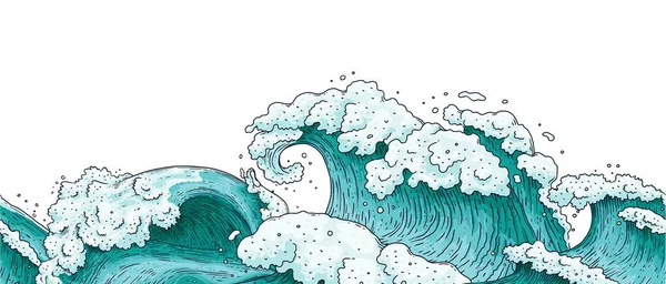 Bordo orizzontale senza soluzione di continuità con le onde dell'acqua dell'oceano illustrazione vettoriale del fumetto . — Vettoriale Stock