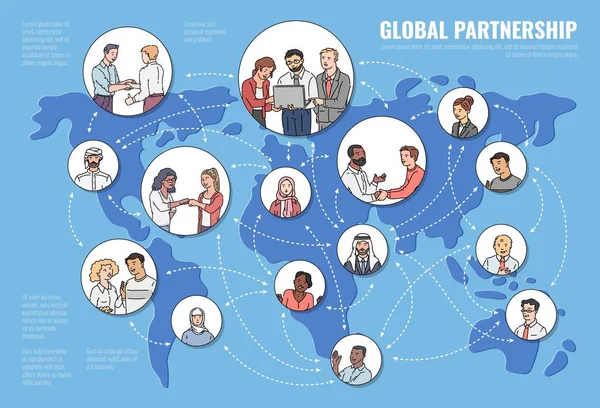 Globales Partnerschaftskonzept mit Geschäftsleuten auf Kartenvektorskizze Illustration. — Stockvektor