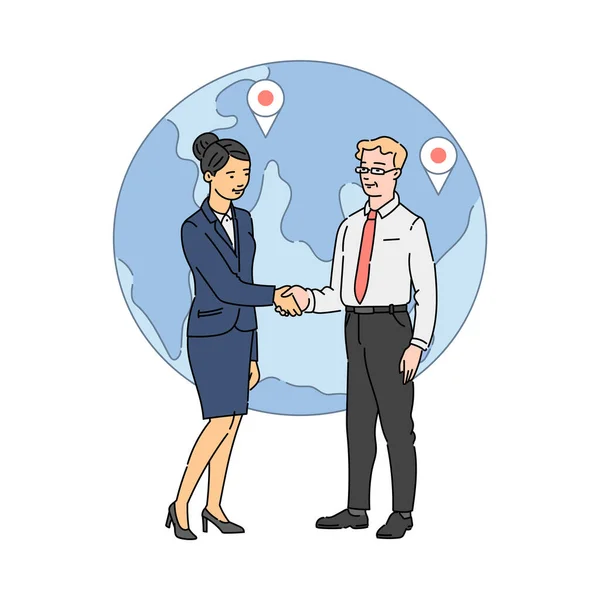 Homme d'affaires et femme serrant la main sur fond de globe — Image vectorielle