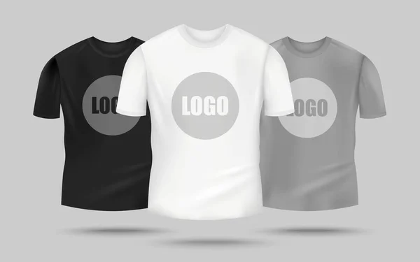 Heren t-shirt mockup set in zwart, wit en grijs met logo sjabloon — Stockvector