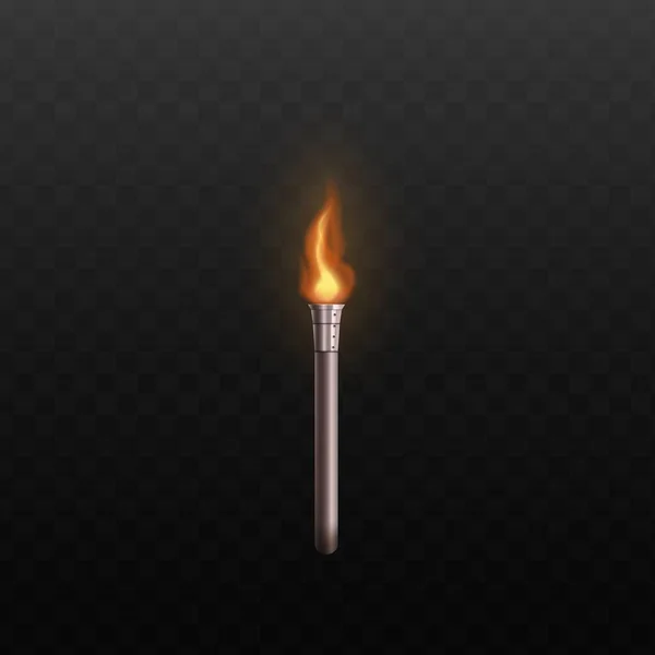 Μεταλλικός φακός ασημί με ρεαλιστική φωτιά που απομονώνεται σε σκούρο φόντο — Διανυσματικό Αρχείο