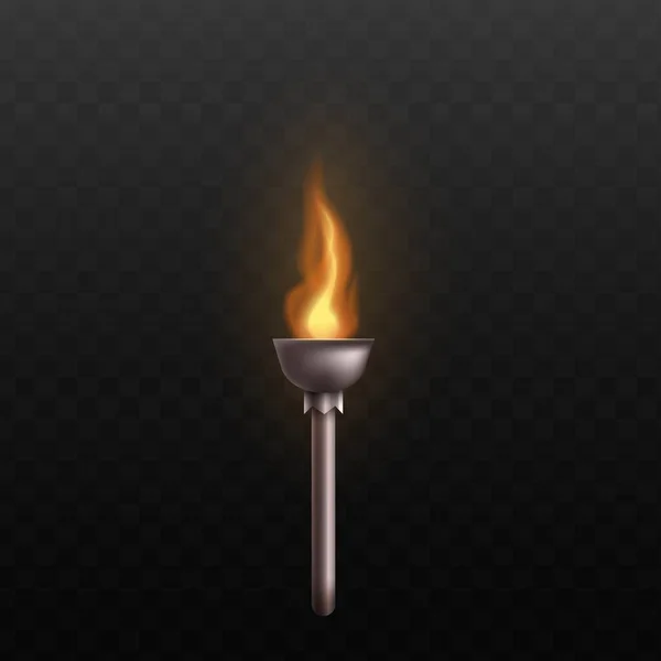 Torche médiévale en métal avec feu brûlant isolé sur fond noir — Image vectorielle