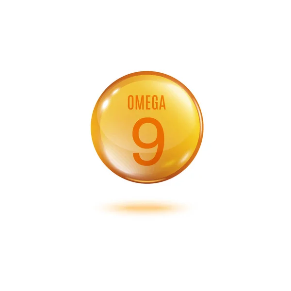 Omega 9 altın baloncuk hapı içinde yazı olan - parlak altın küre — Stok Vektör
