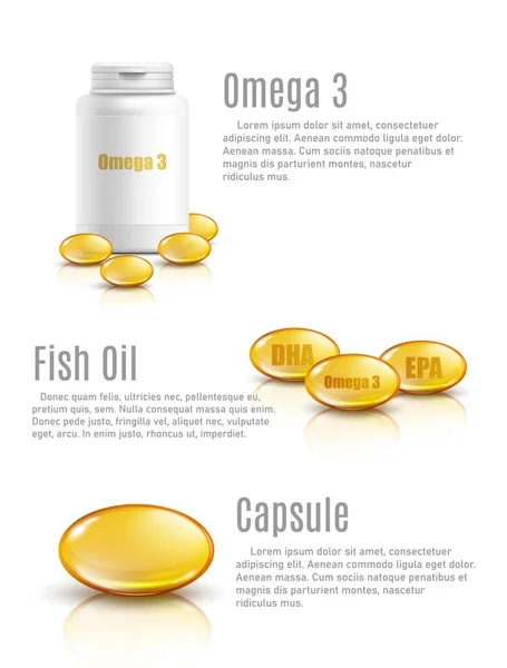 Simulación de la botella de la píldora Omega 3, suplementos de aceite de pescado de oro con DHA y EPA — Vector de stock