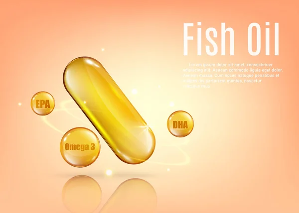 Anuncio de póster de cápsulas vitamínicas de aceite de pescado con plantilla de texto - ilustración vectorial . — Vector de stock