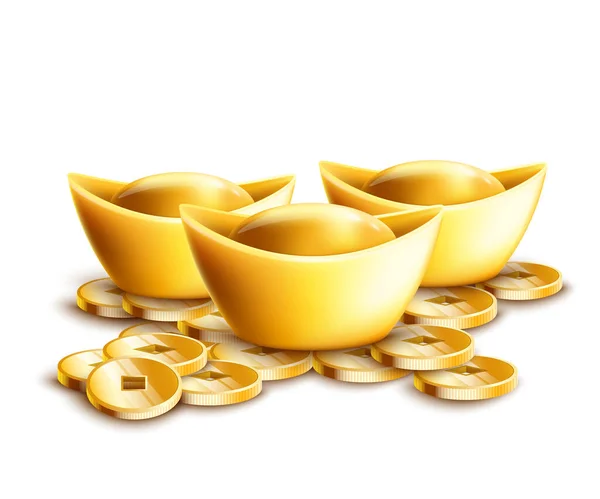 Lingote de oro realista y pila de monedas aislados sobre fondo blanco — Vector de stock
