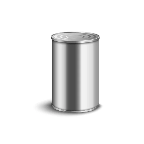 Realistic metal tin can with smooth silver surface isolated on white background — Stock Vector