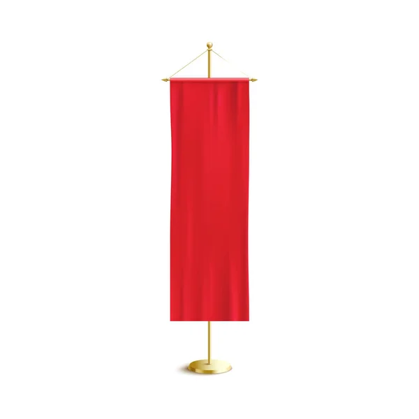 Blanco rechthoek middeleeuwse banner met scharlaken rode kleur opknoping op glanzende gouden paal — Stockvector