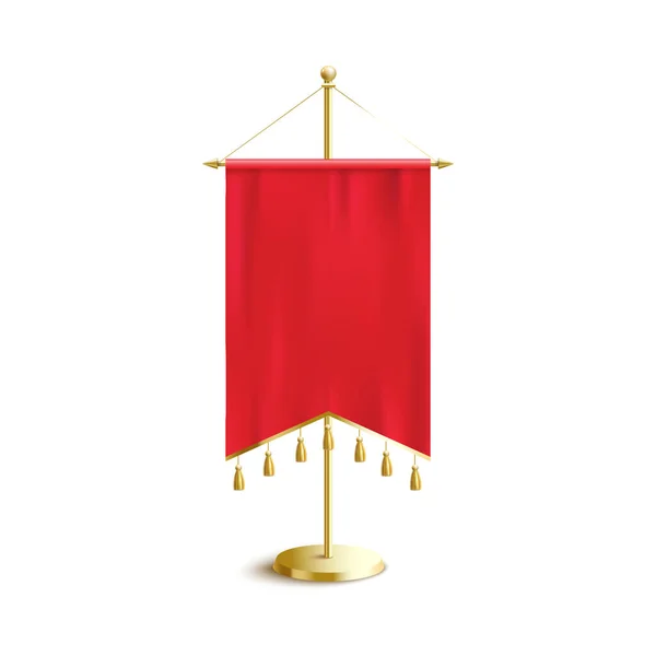Banner banderín medieval rojo con puntas dobles y decoraciones colgantes — Vector de stock