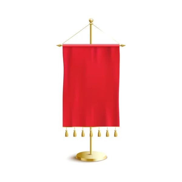Liten silke röd vimpel med gyllene hängande dekorationer isolerad på vit bakgrund — Stock vektor